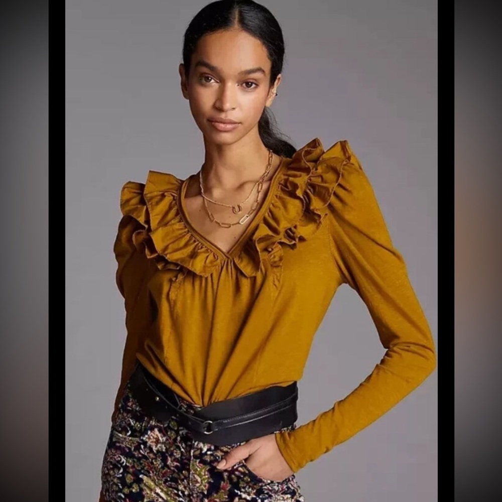 ANTHROPOLOGIE Ruffle Top Gold Boho NWOT Heathered V Neck XS